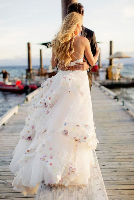Latest Eye-catching Stylish A-Line Two Piece Spaghetti Tulle Long Prom/Wedding dress with Flowers - Prom Dresses