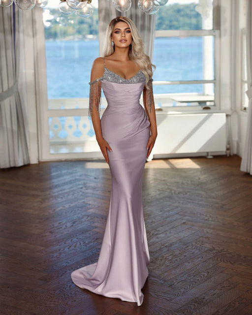 Lavender Sequined Spaghetti Strap Evening Dress with Elegant Pleated Tassel