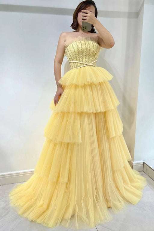 Layered Tulle Prom Dress with Strapless and Sleeveless Design by Daffodil