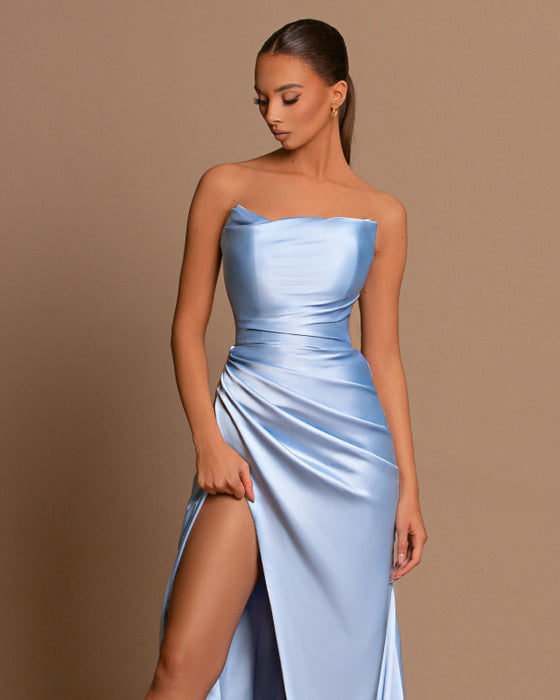 Light Blue Off-the-Shoulder Ball Gown with Pleated Slit