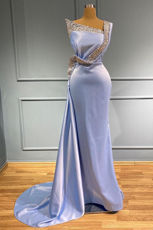 Light Blue One-Shoulder Sleeveless Mermaid Prom Dress with Beads and Ruffles