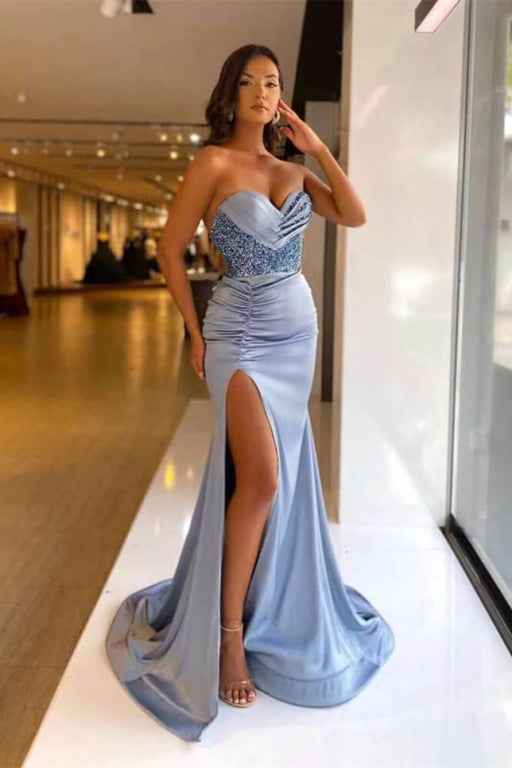 Light Blue Sweetheart Sequined Mermaid Prom Dress with Split