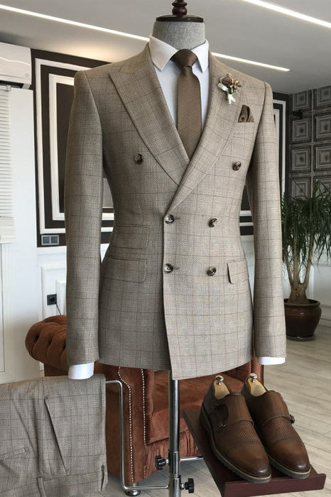 Grover Formal Light Brown Plaid Peaked Lapel Double Breasted Business Suits