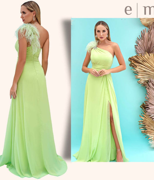 Light Green One-Shoulder Front Split Mermaid Evening Dress with Feather