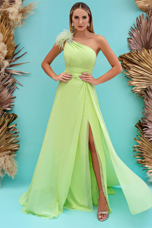 Light Green One-Shoulder Front Split Mermaid Evening Dress with Feather