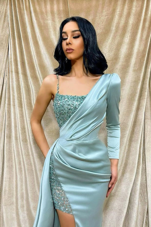 Light Green One Shoulder Long Sleeve Front Split Sequined Mermaid Evening Dress