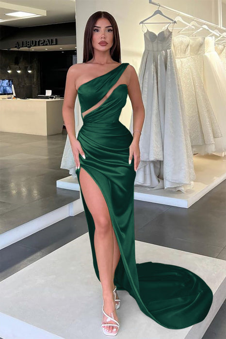 Light Green One-Shoulder Sleeveless Long Evening Dress with Slit