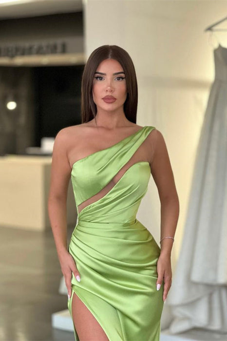 Light Green One-Shoulder Sleeveless Long Evening Dress with Slit