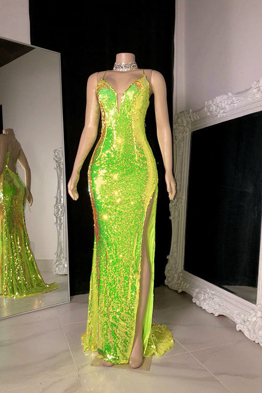 Light Green Prom Dress with Sequins Sleeveless V Neck Slit and Halter