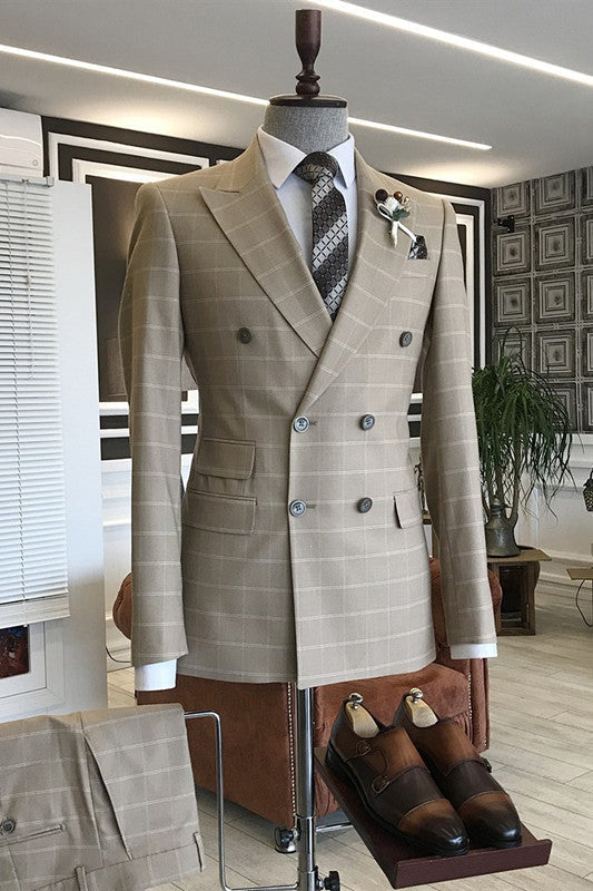 Bryant Fashion Light Khaki Peaked Lapel Plaid Men Suits For Business