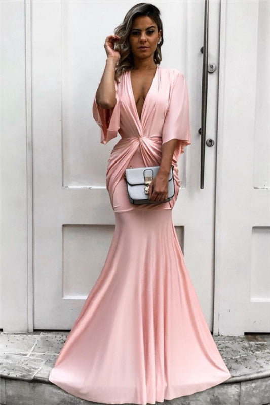 Light Pink Half Sleeve Mermaid Long Prom Dress