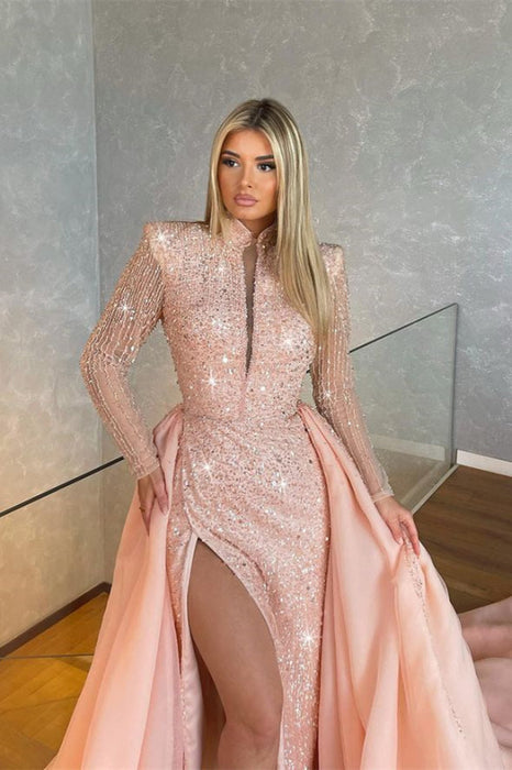 Light Pink Long Sleeves High Collar Sequins Mermaid Evening Dress with Split