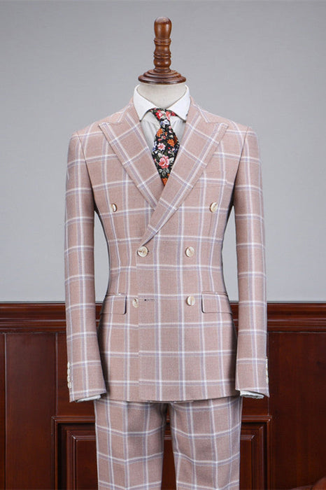 Abdul Fancy Light Pink Peaked Lapel Plaid Men Suits For Business