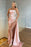 Light Pink Sleeveless Strapless Mermaid Evening Dress with Split and Pearls