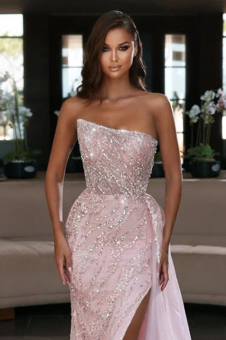 Light Pink Strapless Mermaid Prom Dress with Sequins and Split Online