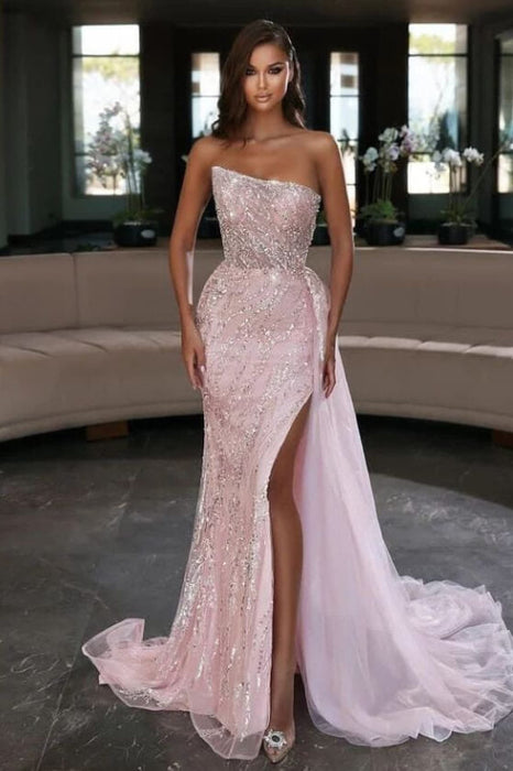 Light Pink Strapless Mermaid Prom Dress with Sequins and Split Online