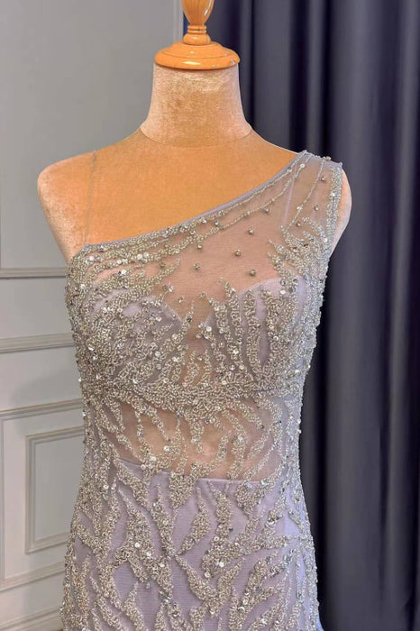 Light Purple Front Split One-Shoulder Beaded Mermaid Prom Dress with Long Ruffles