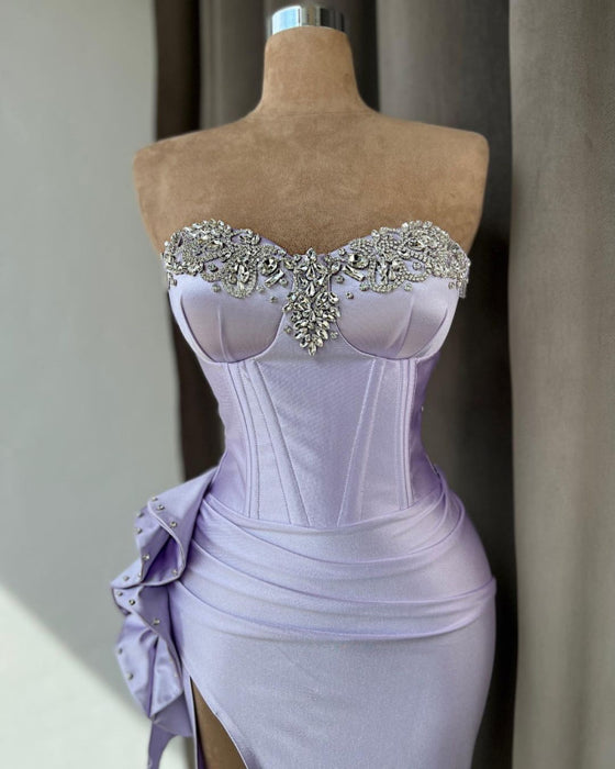 Light Purple Sleeveless Prom Dress with Rhinestone High Slit Gown