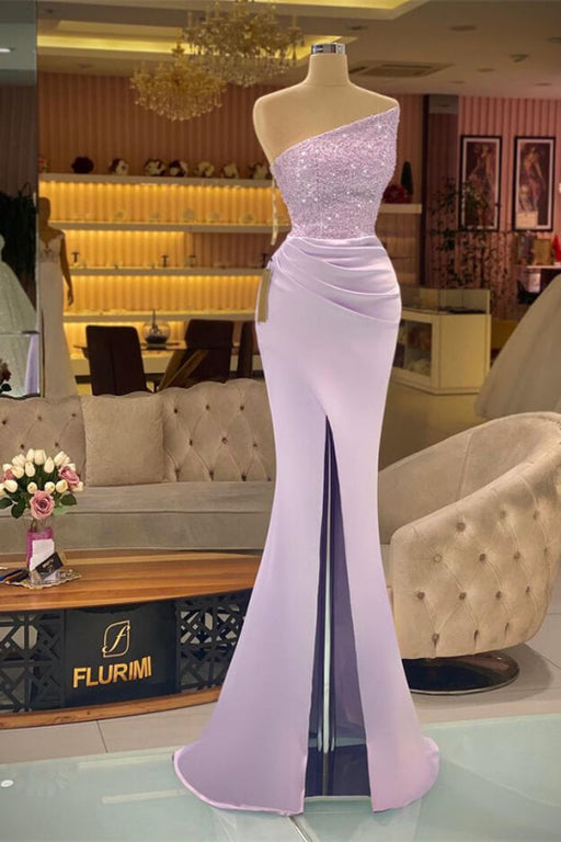 Light Purple Sleeveless Strapless Sequins Mermaid Prom Dress Long with Slit