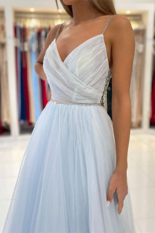 Light Sky Blue Spaghetti-Straps Tulle Long Prom Dress with Beads