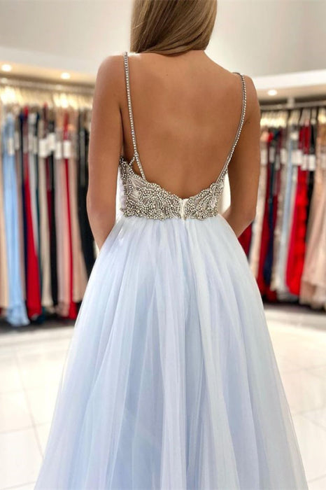 Light Sky Blue Spaghetti-Straps Tulle Long Prom Dress with Beads