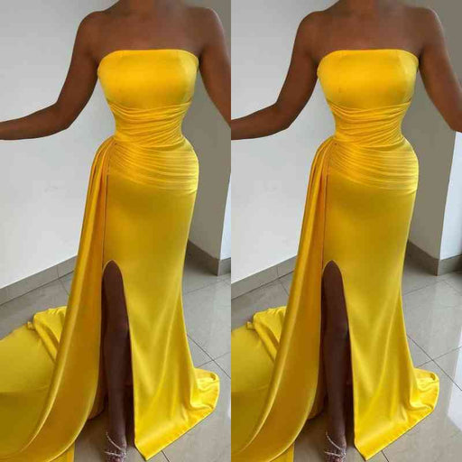 Light Yellow Strapless Sleeveless Prom Dress with Pleated Split