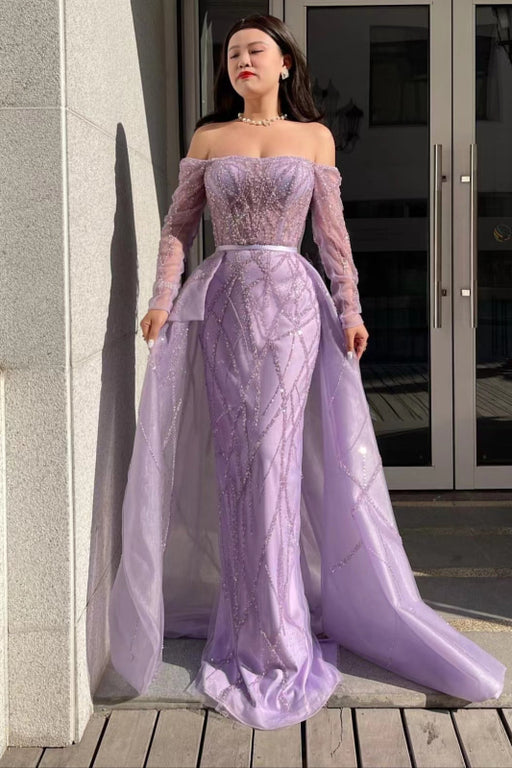 Lilac Off-the-Shoulder Long Sleeve Tulle Mermaid Prom Dress with Beads