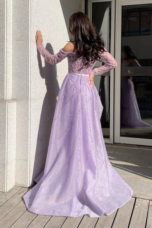 Lilac Off-the-Shoulder Long Sleeve Tulle Mermaid Prom Dress with Beads