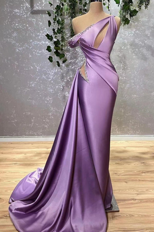 Lilac Off-the-Shoulder Sleeveless Mermaid Prom Dress with Rhinestones