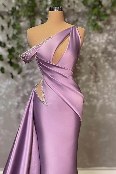 Lilac Off-the-Shoulder Sleeveless Mermaid Prom Dress with Rhinestones