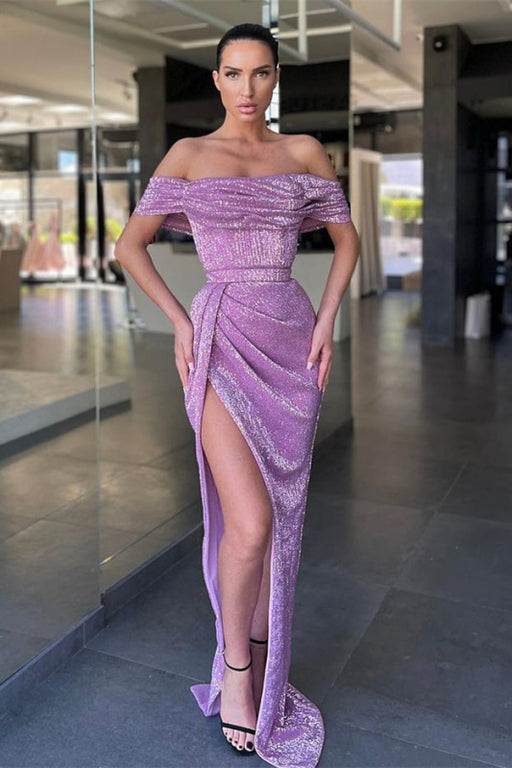 Lilac Off-The-Shoulder Split Mermaid Prom Dress with Sequins