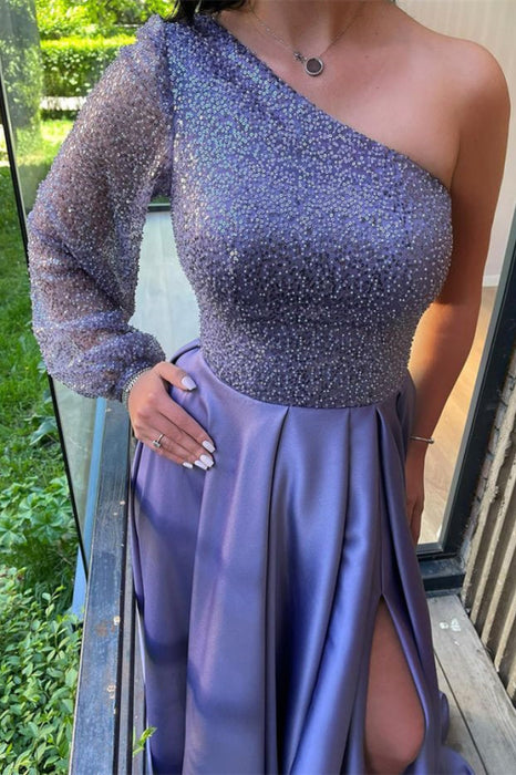 Lilac One-Shoulder Long Sleeve Front Split Sequined Mermaid Evening Dress