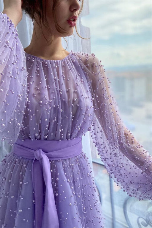 Lilac Pearls Mermaid Evening Dress with Beadings, Jewel, and Belt Online