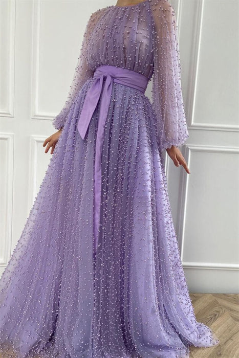 Lilac Pearls Mermaid Evening Dress with Beadings, Jewel, and Belt Online