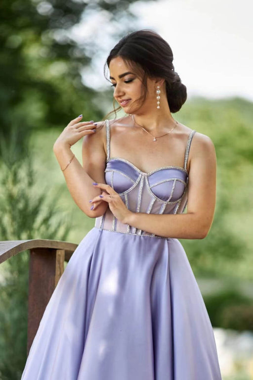 Lilac Spaghetti-Strap Sleeveless Tea Length Evening Dress with Beads