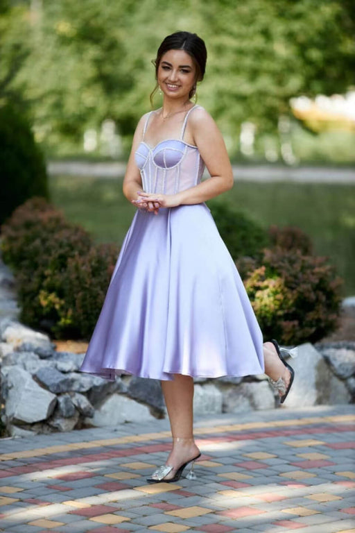 Lilac Spaghetti-Strap Sleeveless Tea Length Evening Dress with Beads