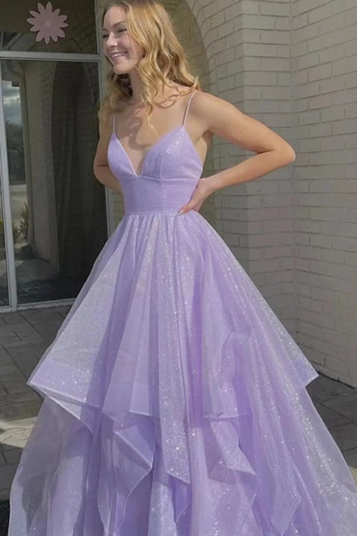 Lilac Spaghetti-Strap V-Neck A-Line Long Prom Dress with Tulle