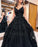 Long Black Tulle Sparkly V-Neck Sleeveless Prom Dress Gown