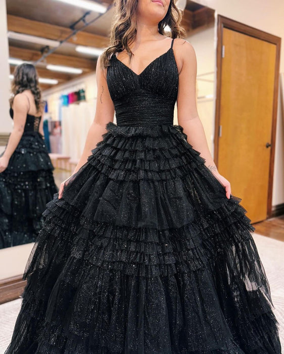 Long Black Tulle Sparkly V-Neck Sleeveless Prom Dress Gown