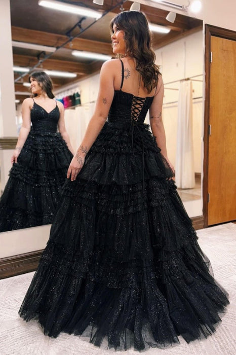 Long Black Tulle Sparkly V-Neck Sleeveless Prom Dress Gown