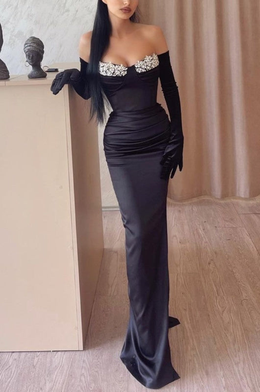 Long Mermaid Appliques Satin Black Prom Dress With Gloves