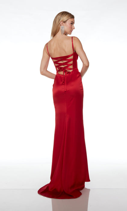 Long Plunging Neckline Formal Dress with Spaghetti Straps and High Slit