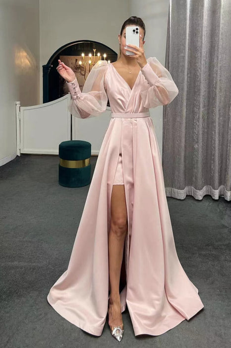 Long Puff Sleeve A-Line Evening Dress with Slit