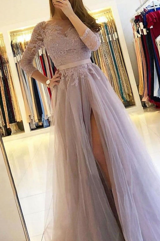 Long Sleeve A-Line Prom Dress with Lace and Split