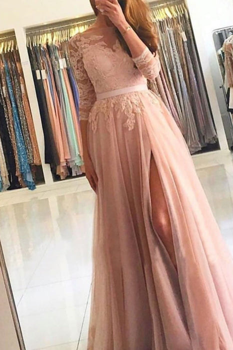 Long Sleeve A-Line Prom Dress with Lace and Split