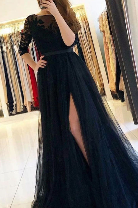 Long Sleeve A-Line Prom Dress with Lace and Split