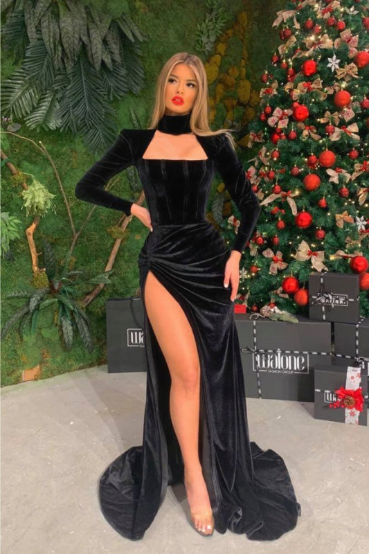 Long-Sleeve Black Velvet Prom Dress with High Halter Slit