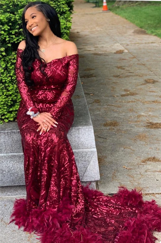 Long Sleeve Burgundy Sequined Mermaid Prom Dress with Feathers