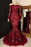 Long Sleeve Burgundy Sequined Mermaid Prom Dress with Feathers