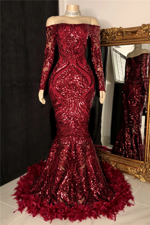 Long Sleeve Burgundy Sequined Mermaid Prom Dress with Feathers